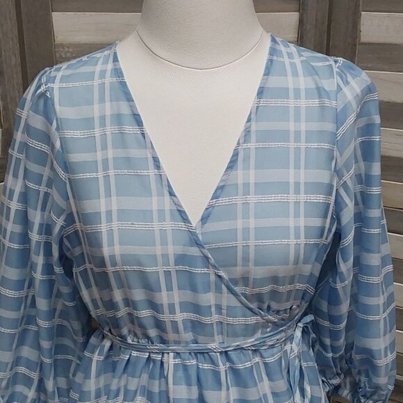 Blue Sheer Gingham Puff Sleeve Wrap Blouse | Future Collective | X Small - Picture 4 of 10